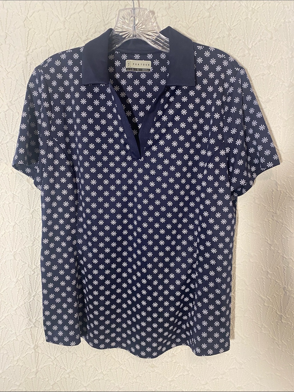 PGA Tour Women’s Navy Polo with White Daisy Print size large Golf Enthusiasts
